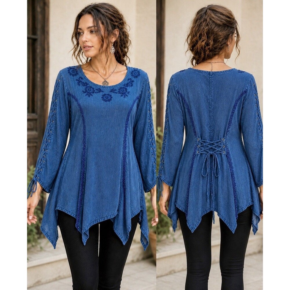 Pyramid Collection Blue Lace Up Boho Fairy Top Renaissance Lagenlook L